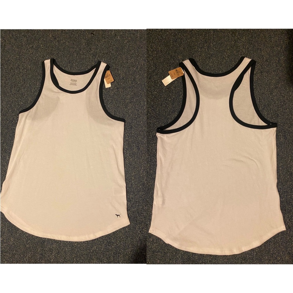 Women's PINK White Tank Top with Black Trim - Athletic Racerback